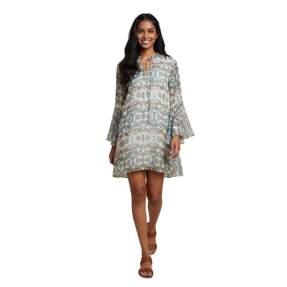 Umgee Women Dress Medium Brown Floral Bell Sleeve Ruffle Neck Boho Shift Whimsy